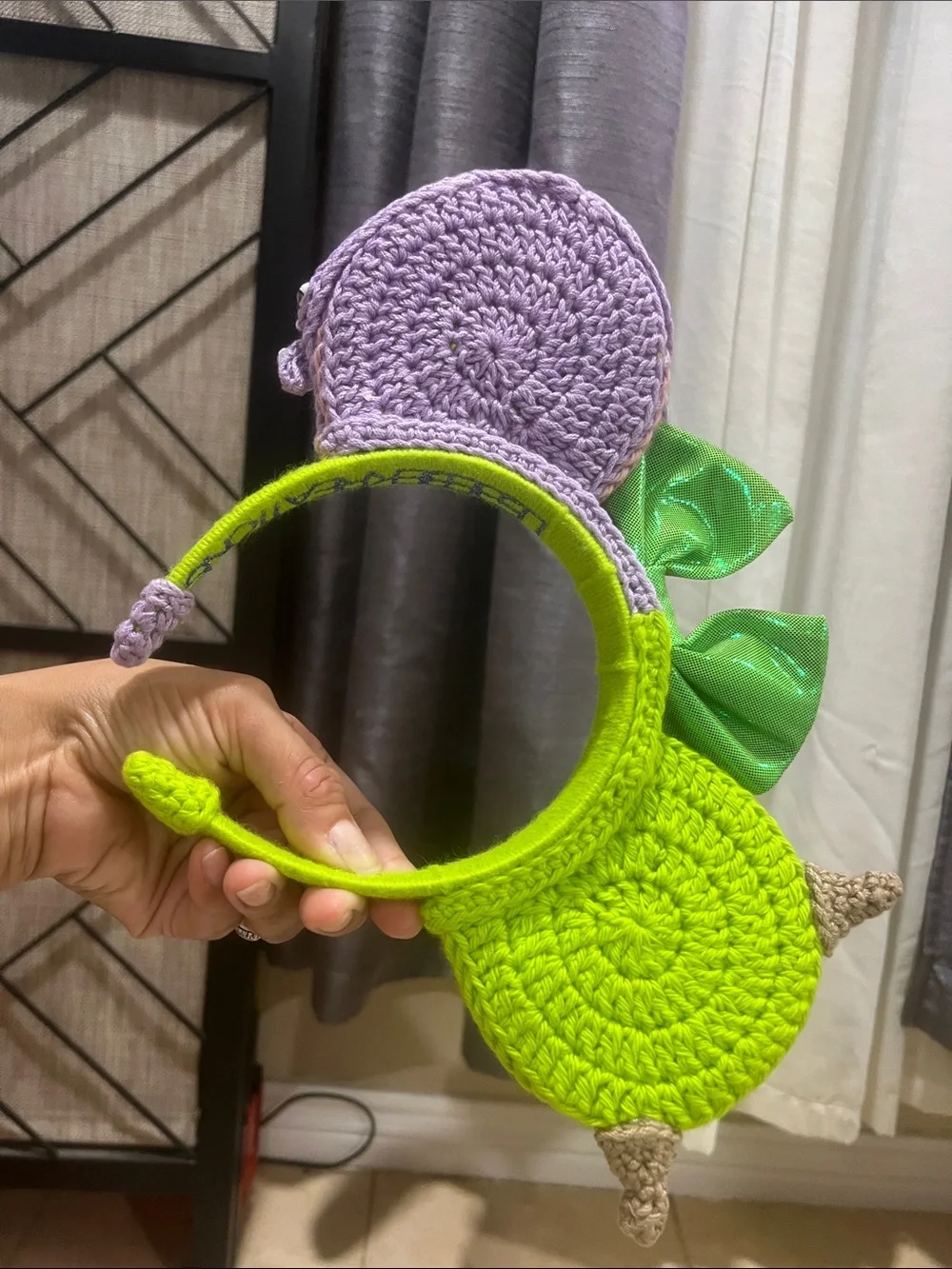 Handmade Crochet Kids Green Monster Headband with Purple Eye Accent